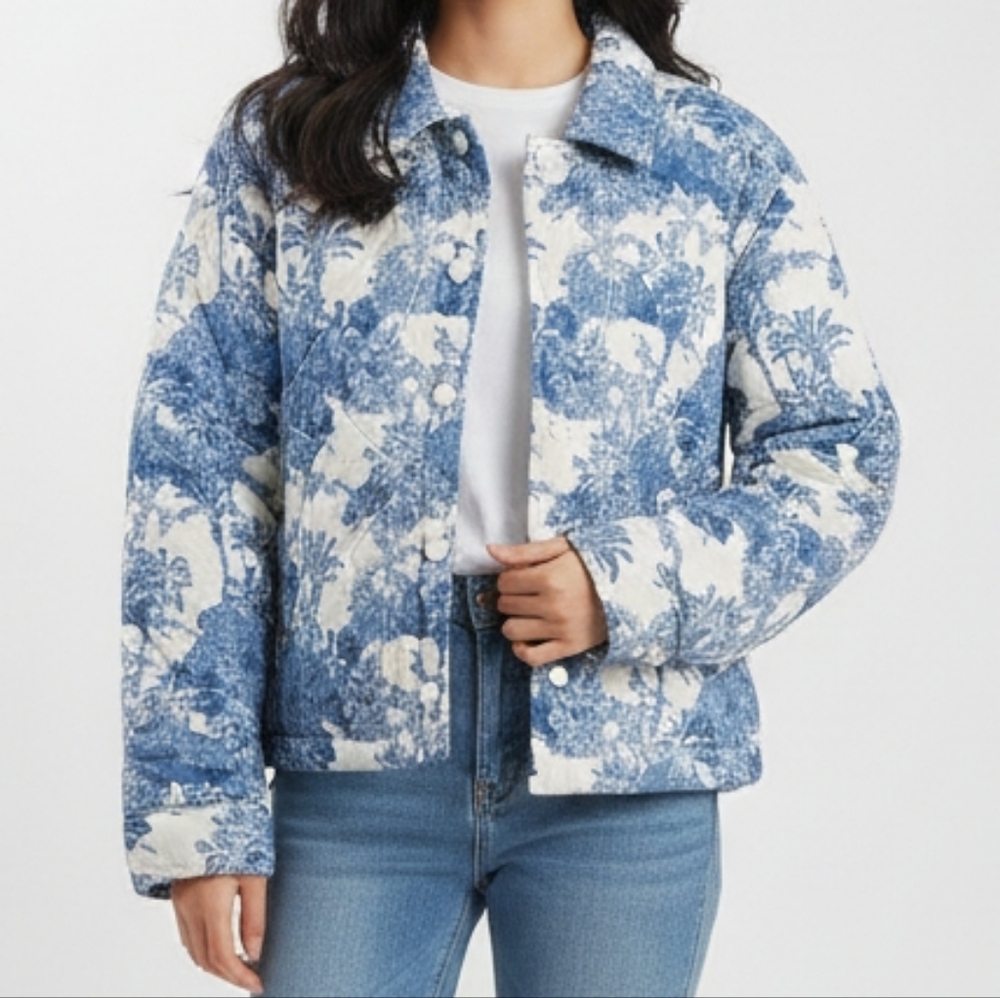 Stylenanda Quilted Jacket Blue Floral Button-Up | One Size